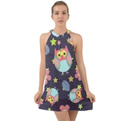 Owl-stars-pattern-background Halter Tie Back Chiffon Dress by Salman4z