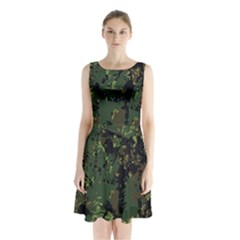 Military Background Grunge Sleeveless Waist Tie Chiffon Dress