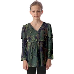 Military Background Grunge Kids  V Neck Casual Top