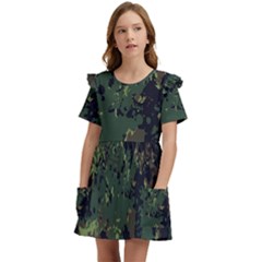 Military Background Grunge Kids  Frilly Sleeves Pocket Dress