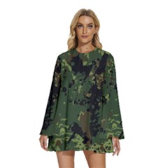 Military Background Grunge Round Neck Long Sleeve Bohemian Style Chiffon Mini Dress