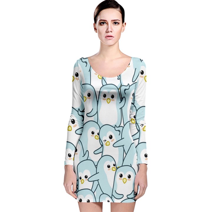 Penguins Pattern Long Sleeve Velvet Bodycon Dress