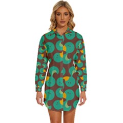 Vector Illustration Seamless Pattern With Cartoon Duck Womens Long Sleeve Shirt Dress