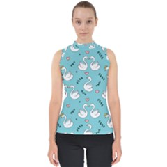 Elegant Swan Pattern Design Mock Neck Shell Top