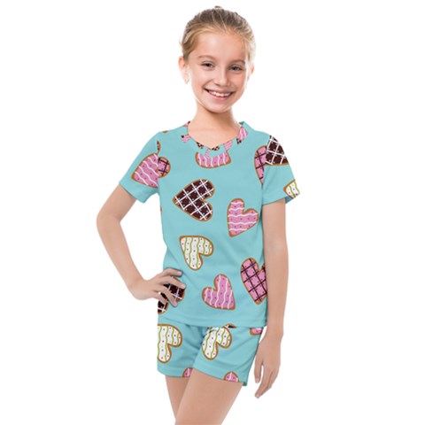 Seamless Pattern With Heart Shaped Cookies With Sugar Icing Kids  Mesh Tee And Shorts Set by pakminggu