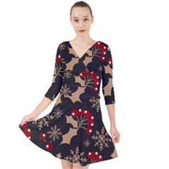 Christmas Pattern With Snowflakes Berries Quarter Sleeve Front Wrap Dress by pakminggu