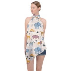 Wild Animals Seamless Pattern Halter Asymmetric Satin Top by pakminggu