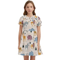 Wild Animals Seamless Pattern Kids  Bow Tie Puff Sleeve Dress by pakminggu