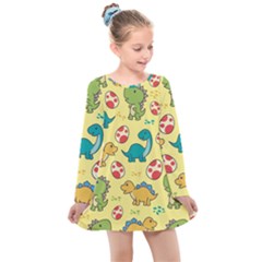 Seamless Pattern With Cute Dinosaurs Character Kids  Long Sleeve Dress by pakminggu