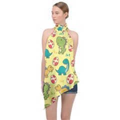 Seamless Pattern With Cute Dinosaurs Character Halter Asymmetric Satin Top by pakminggu