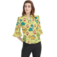 Seamless Pattern With Cute Dinosaurs Character Loose Horn Sleeve Chiffon Blouse