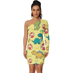 Seamless Pattern With Cute Dinosaurs Character Long Sleeve One Shoulder Mini Dress by pakminggu