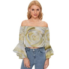 White Roses Flowers Plant Romance Blossom Bloom Nature Flora Petals Off Shoulder Flutter Bell Sleeve Top by pakminggu