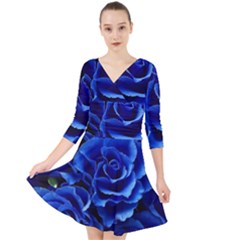 Blue Roses Flowers Plant Romance Blossom Bloom Nature Flora Petals Quarter Sleeve Front Wrap Dress