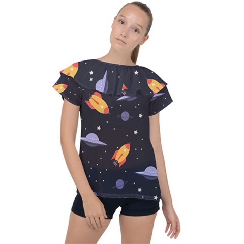 Cosmos Rockets Spaceships Ufos Ruffle Collar Chiffon Blouse by pakminggu