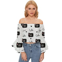 Cute Cameras Doodles Hand Drawn Off Shoulder Flutter Bell Sleeve Top by pakminggu