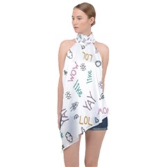 Doodle Pattern Halter Asymmetric Satin Top by pakminggu