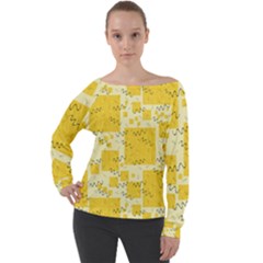Party Confetti Yellow Squares Off Shoulder Long Sleeve Velour Top