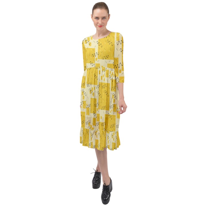 Party Confetti Yellow Squares Ruffle End Midi Chiffon Dress