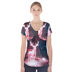 Deer Animal Moon Planet Space Fantasy Short Sleeve Front Detail Top by pakminggu