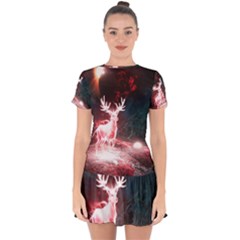 Deer Animal Moon Planet Space Fantasy Drop Hem Mini Chiffon Dress by pakminggu