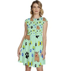 Dog Pattern Seamless Blue Background Scrapbooking Cap Sleeve High Waist Dress by pakminggu