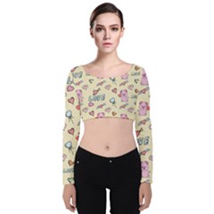 Pig Animal Love Romance Seamless Texture Pattern Velvet Long Sleeve Crop Top by pakminggu