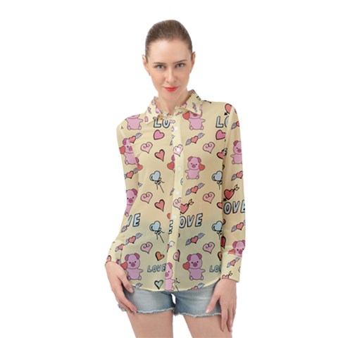 Pig Animal Love Romance Seamless Texture Pattern Long Sleeve Chiffon Shirt by pakminggu