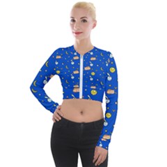 Cat Animals Sleep Stars Seamless Background Long Sleeve Cropped Velvet Jacket by pakminggu