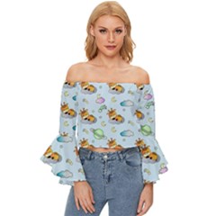 Pattern Giraffe Animal Seamless Scrapbooking Blue Off Shoulder Flutter Bell Sleeve Top by pakminggu