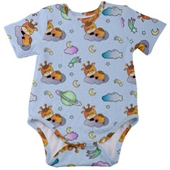 Pattern Giraffe Animal Seamless Scrapbooking Blue Baby Short Sleeve Bodysuit by pakminggu