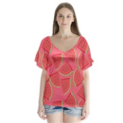 Watermelon Background Watermelon Wallpaper V-neck Flutter Sleeve Top by pakminggu