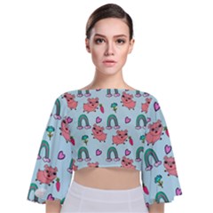 Pigs Pattern Art Design Drawing Sketch Wallpaper Tie Back Butterfly Sleeve Chiffon Top by pakminggu