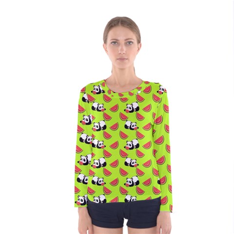 Watermelon Panda Background Wallpaper Women s Long Sleeve Tee by pakminggu