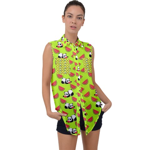 Watermelon Panda Background Wallpaper Sleeveless Chiffon Button Shirt by pakminggu
