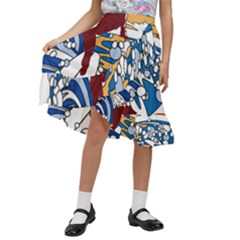 Beach Illustration Summer Beach Surf Waves Kids  Ruffle Flared Wrap Midi Skirt