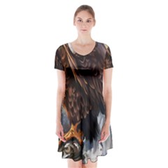 Eagle Art Eagle Watercolor Painting Bird Animal Short Sleeve V-neck Flare Dress by pakminggu