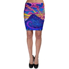 Psychedelic Colorful Lines Nature Mountain Trees Snowy Peak Moon Sun Rays Hill Road Artwork Stars Bodycon Skirt by pakminggu