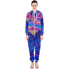 Psychedelic Colorful Lines Nature Mountain Trees Snowy Peak Moon Sun Rays Hill Road Artwork Stars Hooded Jumpsuit (ladies) by pakminggu