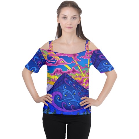 Psychedelic Colorful Lines Nature Mountain Trees Snowy Peak Moon Sun Rays Hill Road Artwork Stars Cutout Shoulder Tee by pakminggu