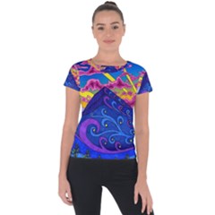 Psychedelic Colorful Lines Nature Mountain Trees Snowy Peak Moon Sun Rays Hill Road Artwork Stars Short Sleeve Sports Top  by pakminggu