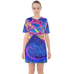 Psychedelic Colorful Lines Nature Mountain Trees Snowy Peak Moon Sun Rays Hill Road Artwork Stars Sixties Short Sleeve Mini Dress by pakminggu