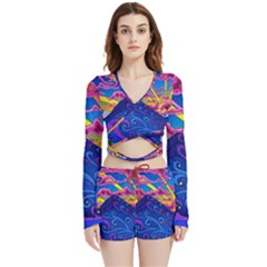 Psychedelic Colorful Lines Nature Mountain Trees Snowy Peak Moon Sun Rays Hill Road Artwork Stars Velvet Wrap Crop Top And Shorts Set by pakminggu