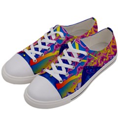 Psychedelic Colorful Lines Nature Mountain Trees Snowy Peak Moon Sun Rays Hill Road Artwork Stars Women s Low Top Canvas Sneakers by pakminggu