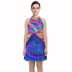 Psychedelic Colorful Lines Nature Mountain Trees Snowy Peak Moon Sun Rays Hill Road Artwork Stars Velvet Halter Neckline Dress  by pakminggu