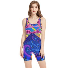 Psychedelic Colorful Lines Nature Mountain Trees Snowy Peak Moon Sun Rays Hill Road Artwork Stars Women s Wrestling Singlet by pakminggu