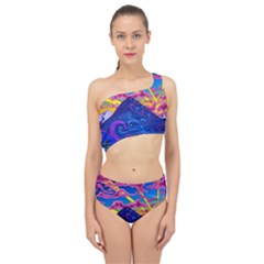 Psychedelic Colorful Lines Nature Mountain Trees Snowy Peak Moon Sun Rays Hill Road Artwork Stars Spliced Up Two Piece Swimsuit by pakminggu