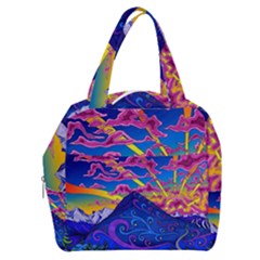 Psychedelic Colorful Lines Nature Mountain Trees Snowy Peak Moon Sun Rays Hill Road Artwork Stars Boxy Hand Bag by pakminggu