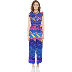 Psychedelic Colorful Lines Nature Mountain Trees Snowy Peak Moon Sun Rays Hill Road Artwork Stars Women s Frill Top Chiffon Jumpsuit by pakminggu