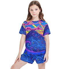 Psychedelic Colorful Lines Nature Mountain Trees Snowy Peak Moon Sun Rays Hill Road Artwork Stars Kids  Tee And Sports Shorts Set by pakminggu
